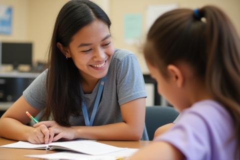 Volunteer helping a student with their homework