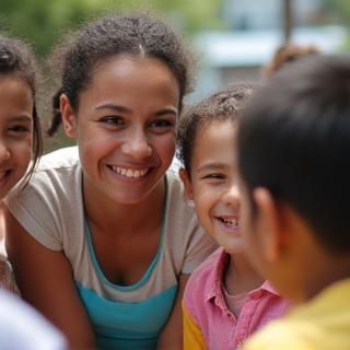 Photo of a volunteer interacting with children